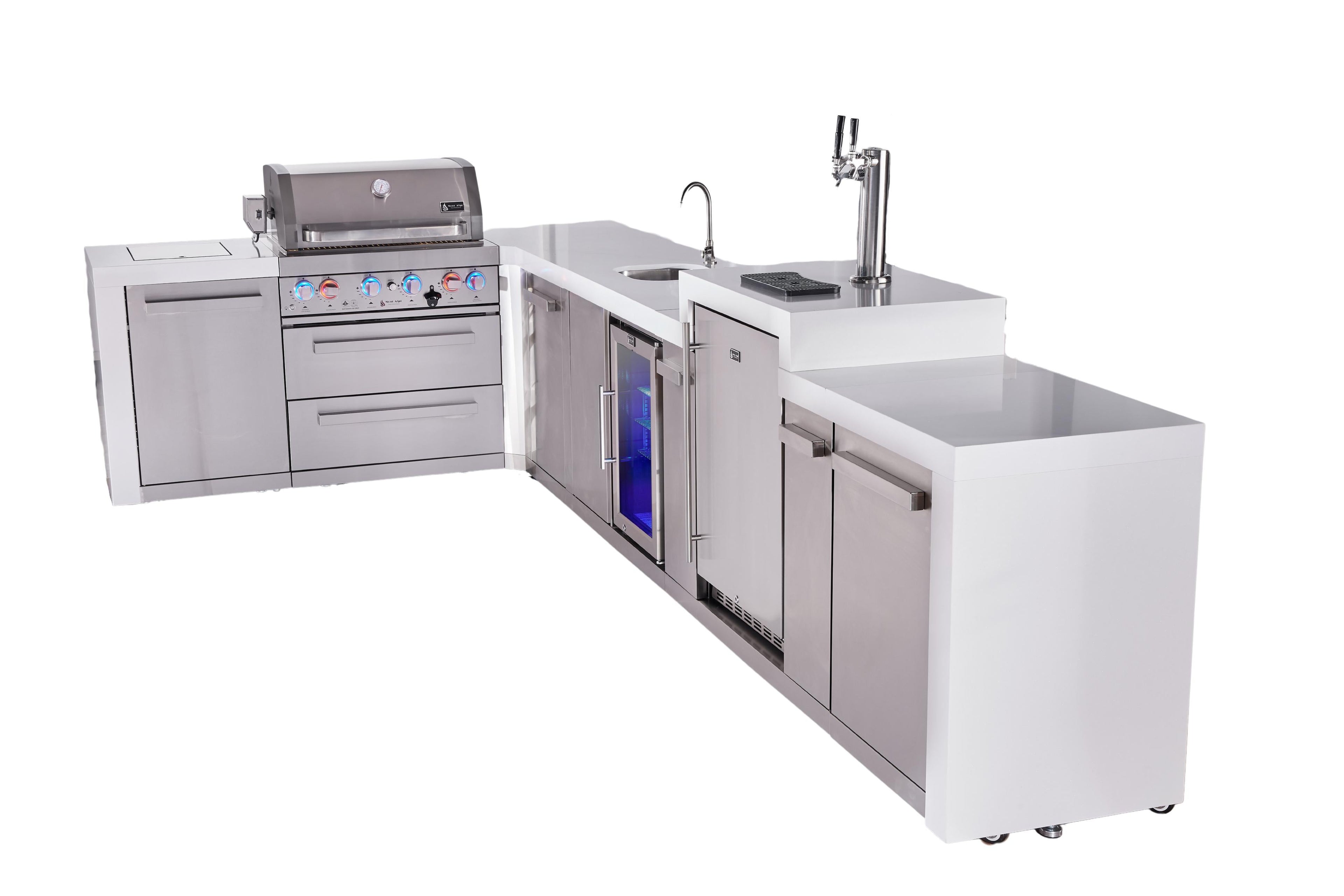 Mont Alpi 400 Deluxe BBQ Grill Island with L-Shape, Beverage Center, Kegerator & Extra Storage - MAi400-D90KEGBEVXL