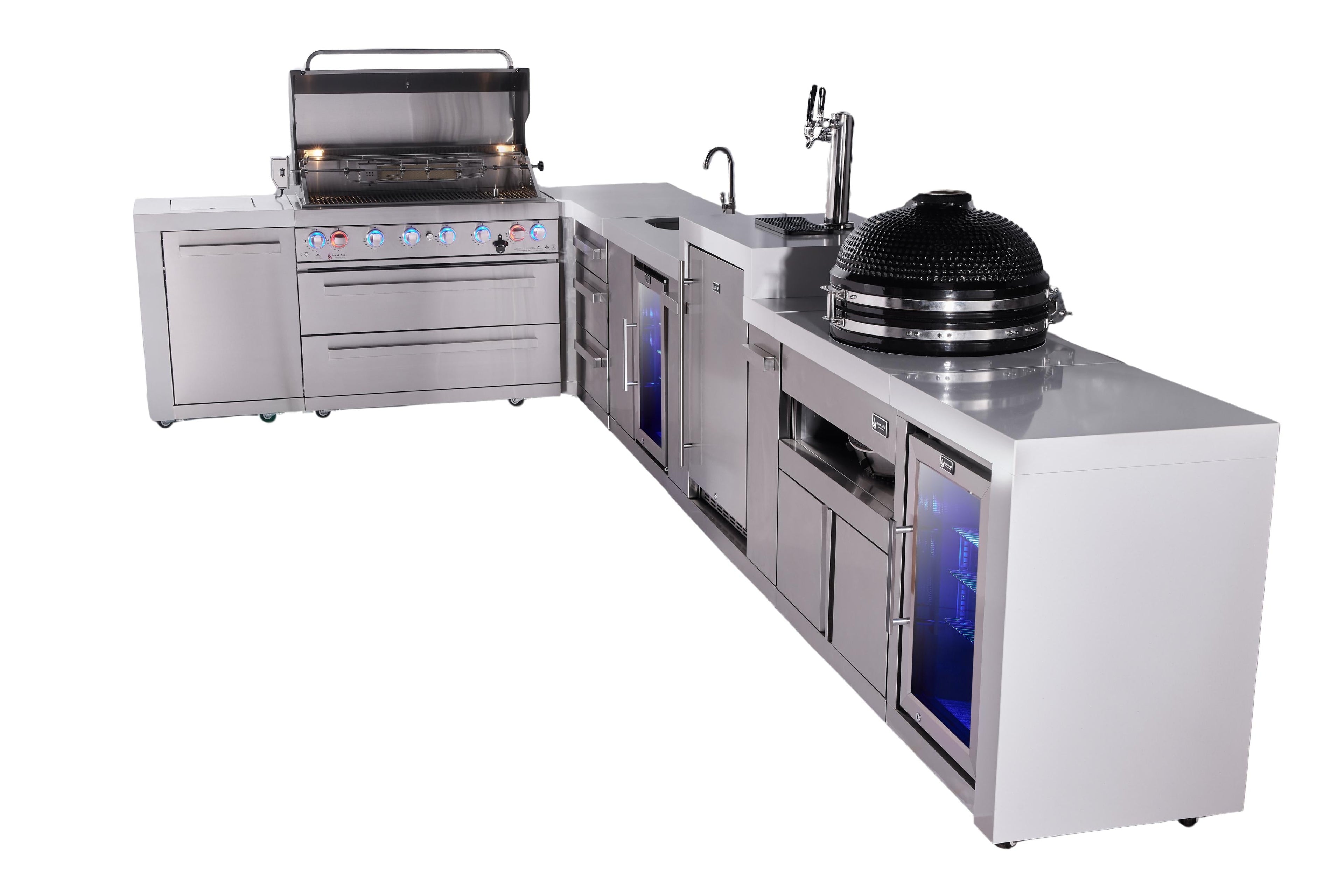 Mont Alpi 805 Deluxe BBQ Grill Island with L-Shape, Beverage Center, Kegerator, Kamado Module, Extra Drawer Storage & Fridge - MAi805-D90KEGBEVFCKAMDR