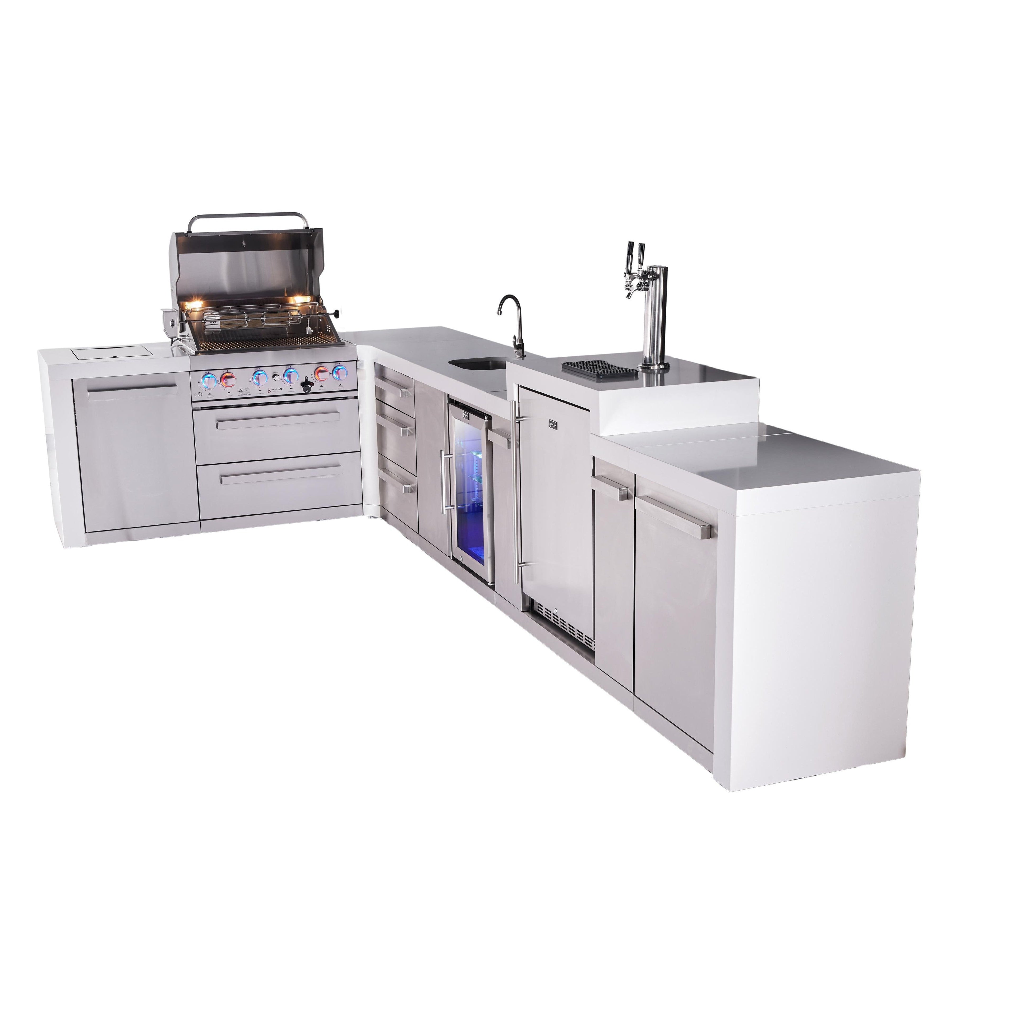 Mont Alpi 400 Deluxe BBQ Grill Island with L-Shape, Beverage Center, Kegerator & Extra Drawer Storage - MAi400-D90KEGBEVDR